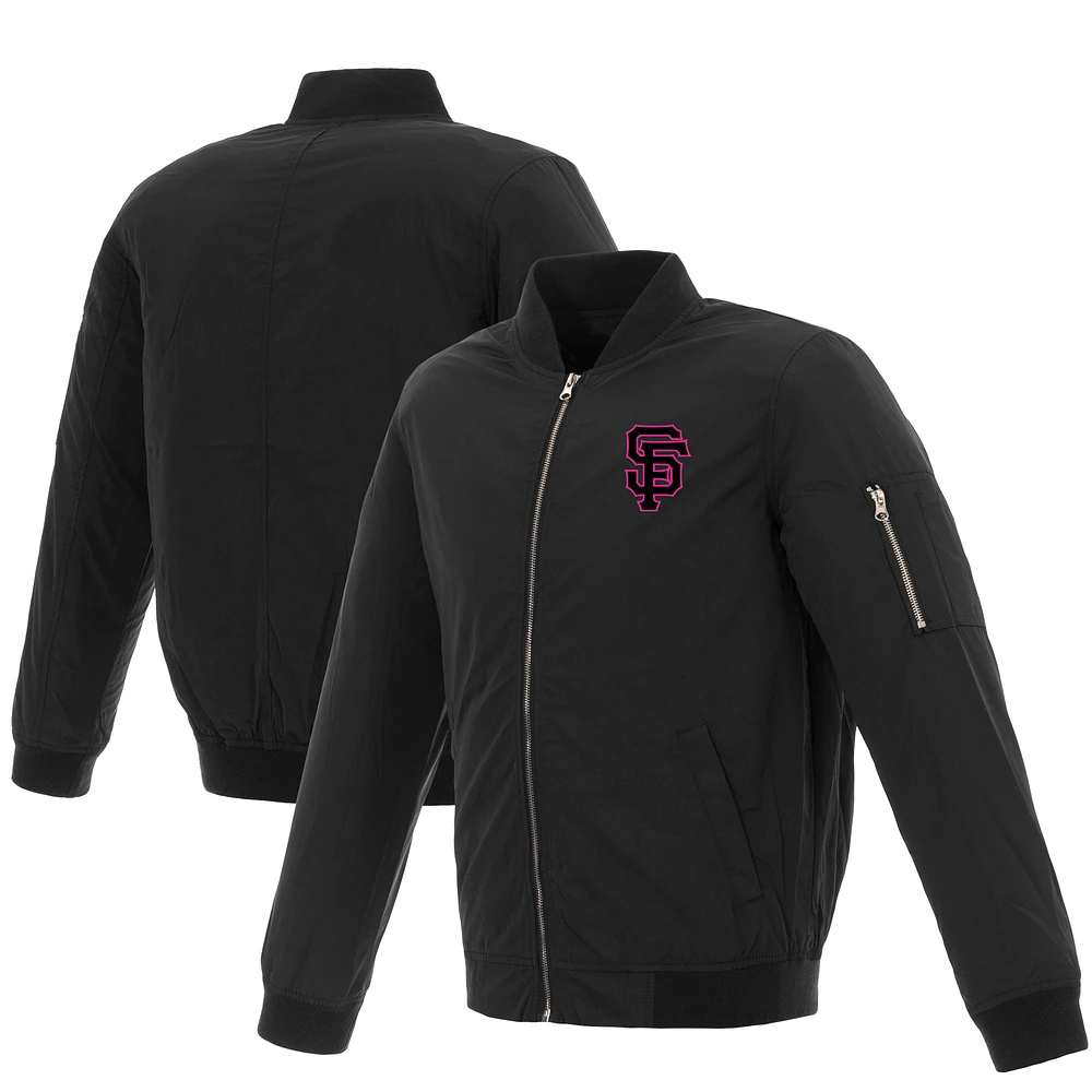 San Francisco Giants JH Design Women's Nylon Bomber Jacket - Black/Pink