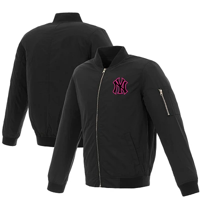 New York Yankees JH Design Women's Nylon Bomber Jacket - Black/Pink