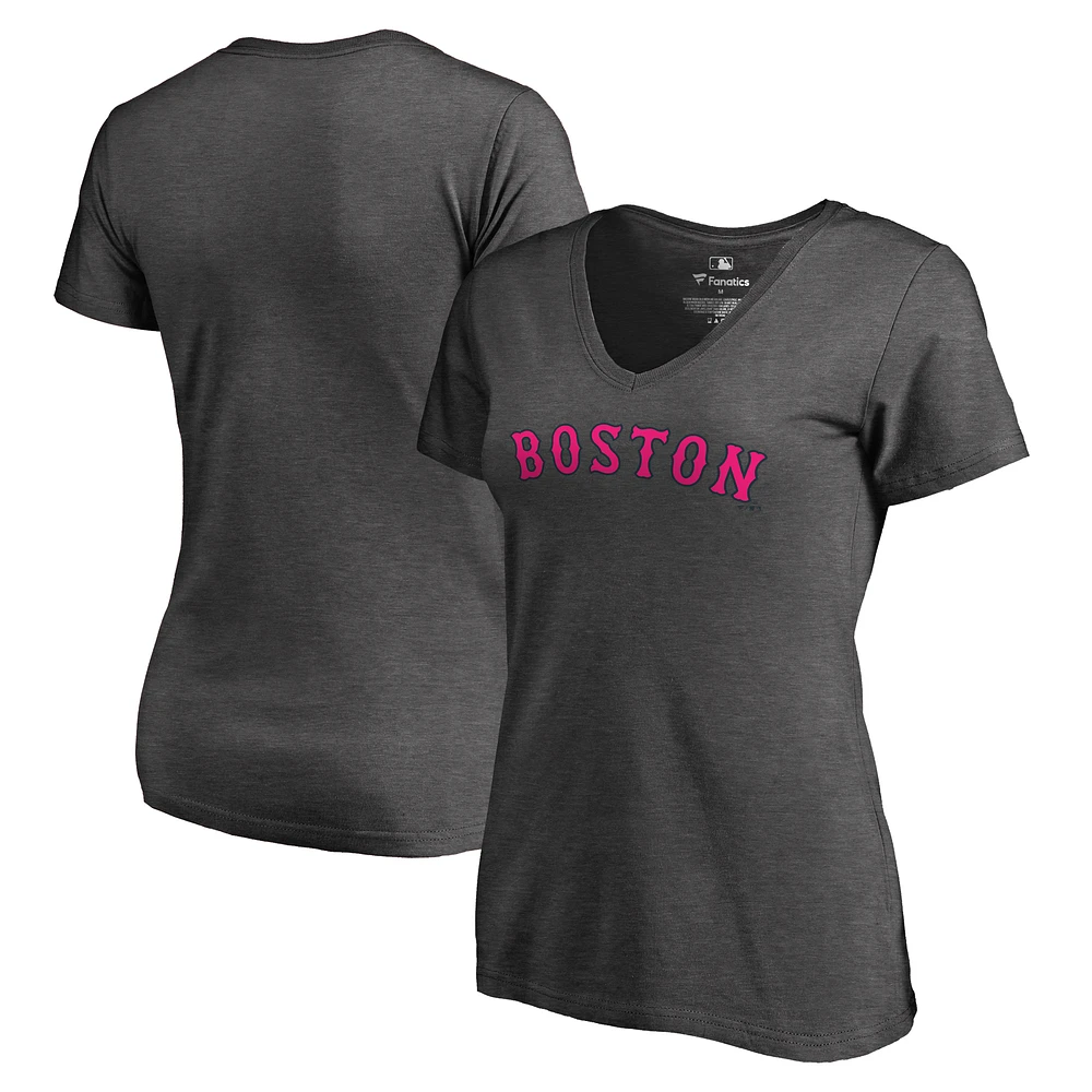 Women's Heathered Gray Boston Red Sox Pink Wordmark V-Neck T-Shirt