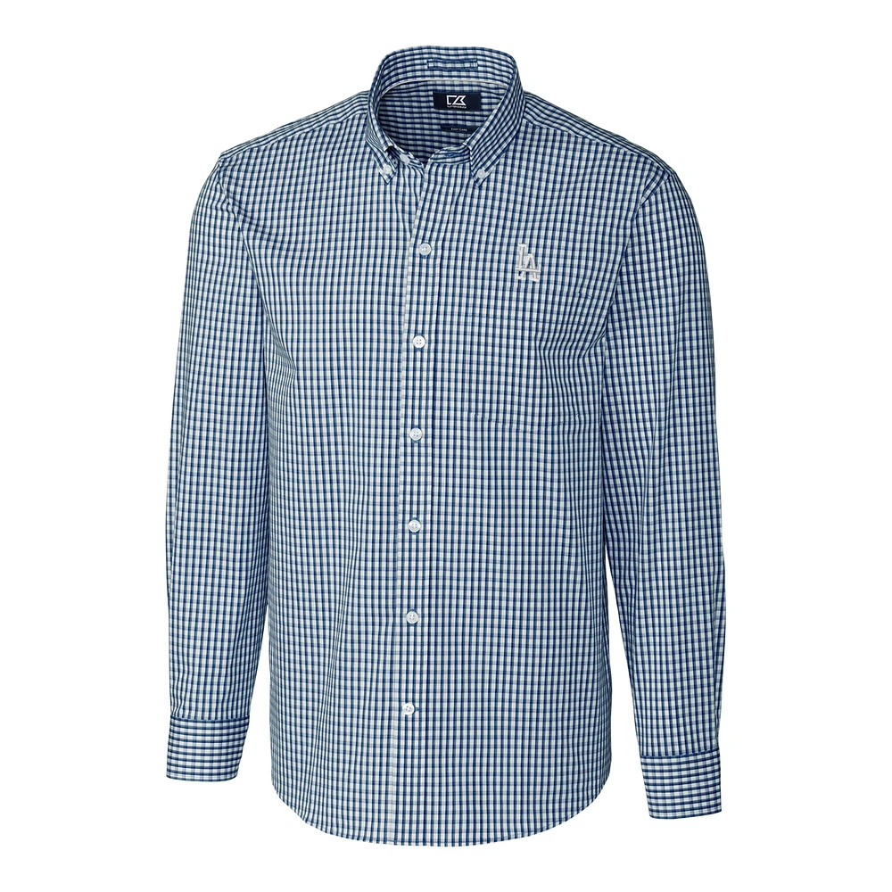 Men's Cutter & Buck Navy Los Angeles Dodgers Big Tall Stretch Gingham Long Sleeve Button-Down Shirt