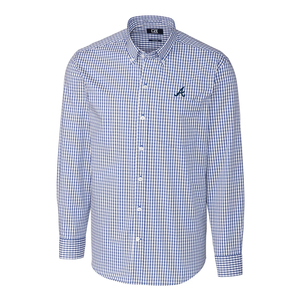 Men's Cutter & Buck Royal Atlanta Braves Big Tall Stretch Gingham Long Sleeve Button-Down Shirt