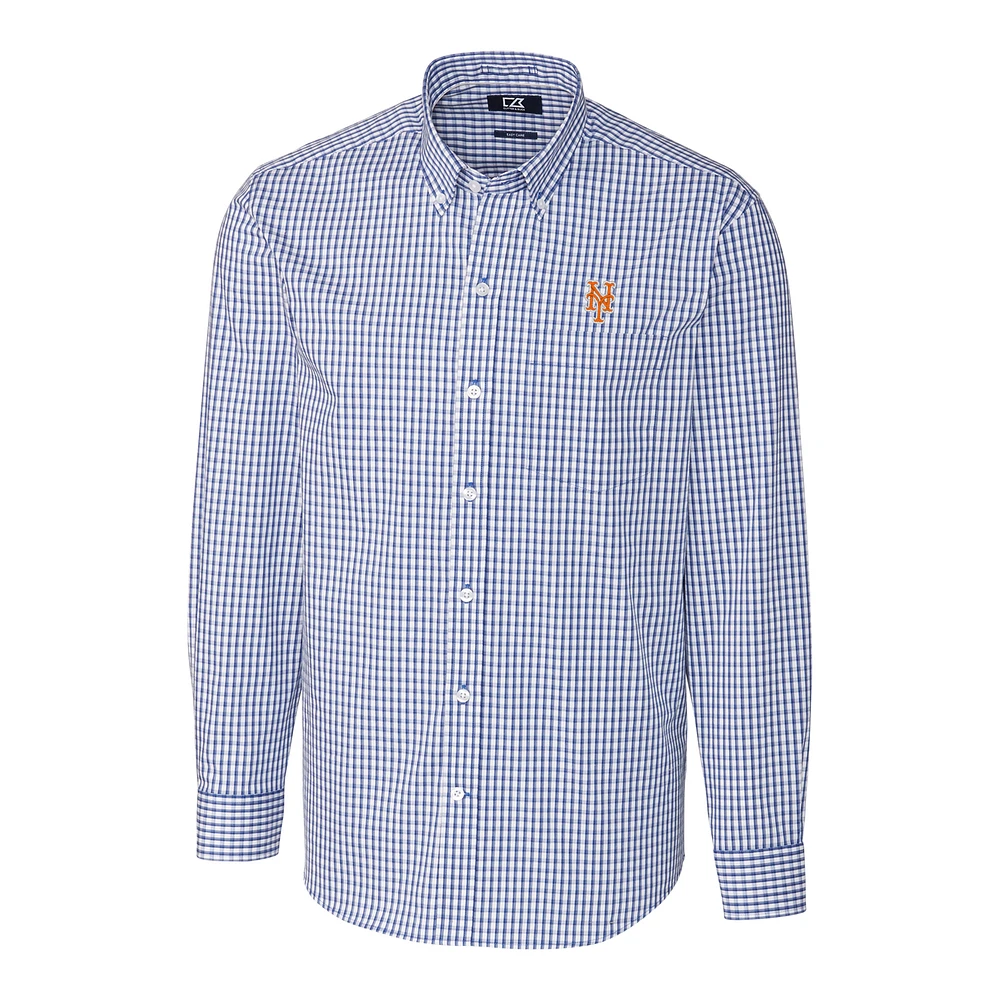 Men's Cutter & Buck Royal New York Mets Big Tall Stretch Gingham Long Sleeve Button-Down Shirt