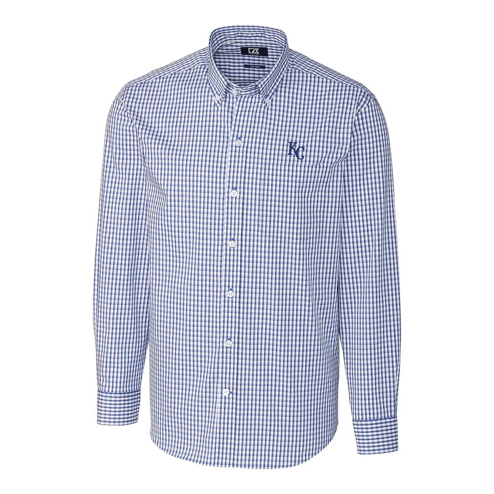 Men's Cutter & Buck Royal Kansas City Royals Big Tall Stretch Gingham Long Sleeve Button-Down Shirt
