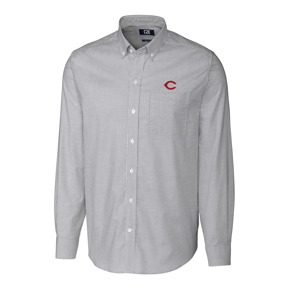 Men's Cutter & Buck Charcoal Cincinnati Reds Big & Tall Stretch Oxford Striped Long Sleeve Button-Down Shirt
