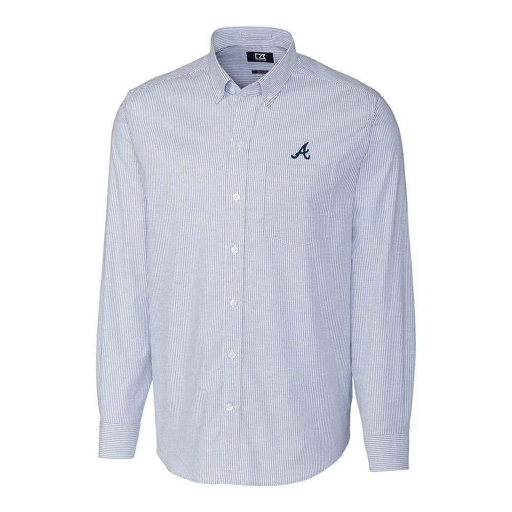 Men's Cutter & Buck Royal Atlanta Braves Big Tall Stretch Oxford Striped Long Sleeve Button-Down Shirt
