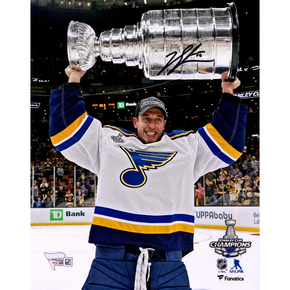 Jordan Binnington St. Louis Blues 2019 Stanley Cup Champions Autographed 8" x 10" Raising Cup Photograph