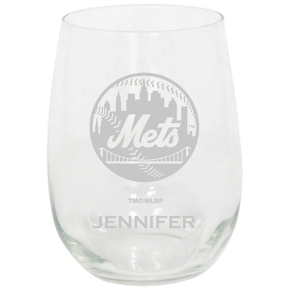 New York Mets 15oz. Personalized Stemless Etched Glass Tumbler