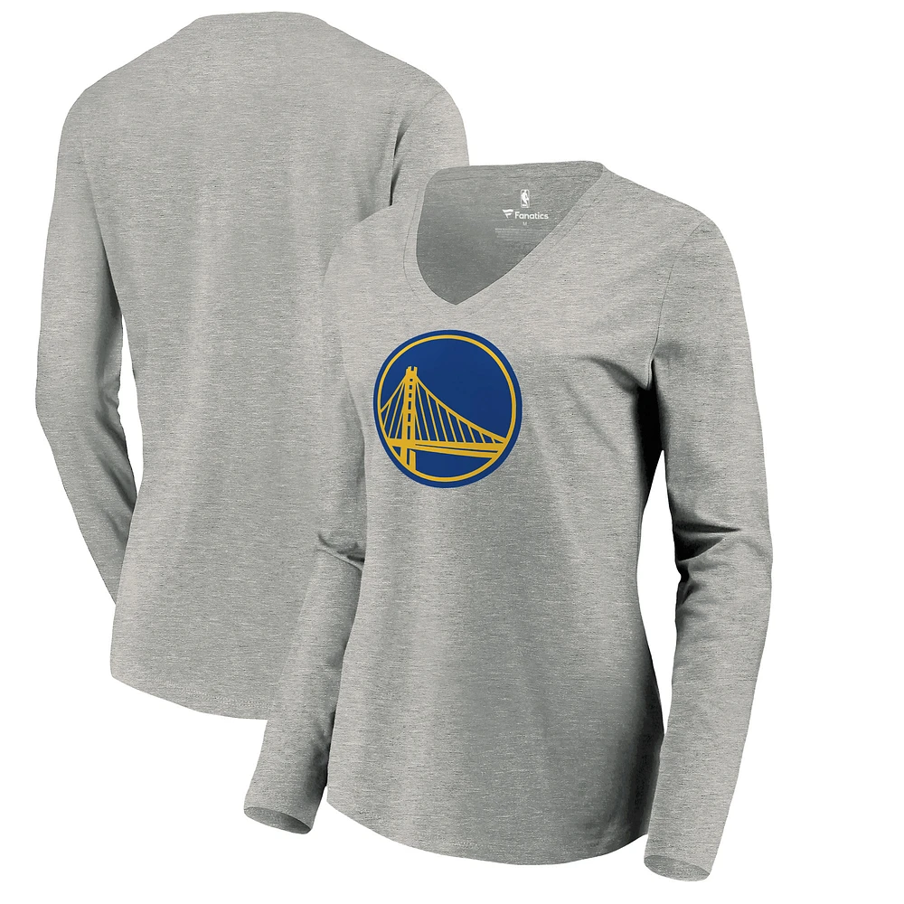 Women's Heather Gray Golden State Warriors Primary Logo Long Sleeve V-Neck T-Shirt