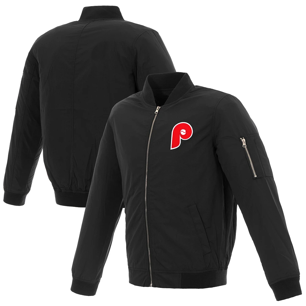 Men's JH Design Black Philadelphia Phillies Nylon Bomber Jacket with Embroidered Logo