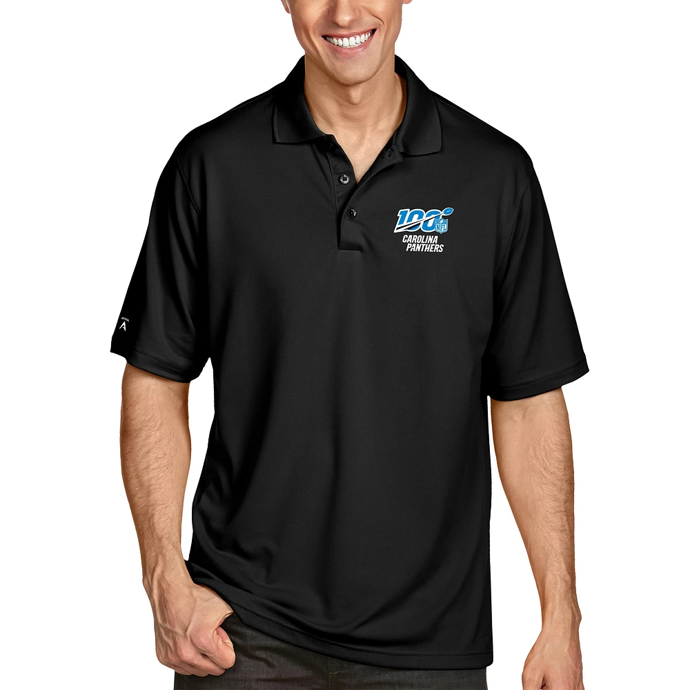Men's Antigua Black Carolina Panthers NFL 100 Pique Xtra-Lite Polo