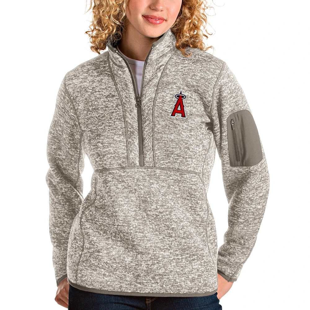 Women's Antigua Oatmeal Los Angeles Angels Fortune Quarter-Zip Pullover Jacket