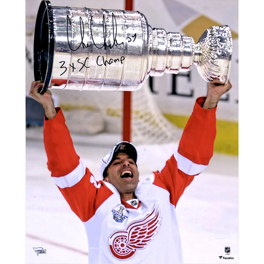 Chris Chelios Detroit Red Wings Autographed 16" x 20" Raising Cup Photograph with "3x SC Champ" Inscription