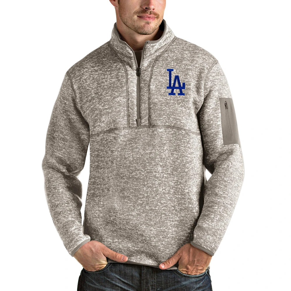 Men's Antigua Oatmeal Los Angeles Dodgers Fortune Quarter-Zip Pullover Jacket