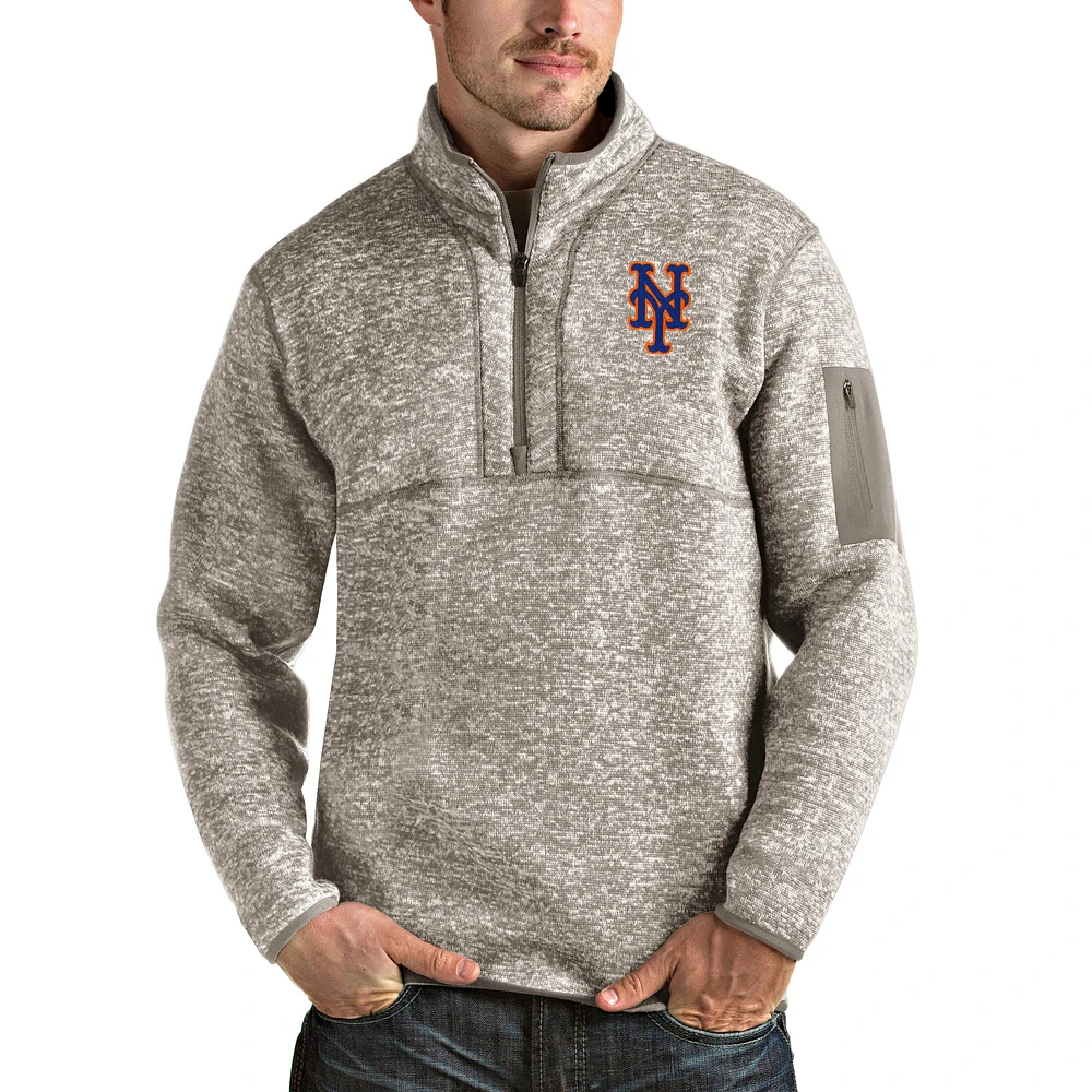 Men's Antigua Oatmeal New York Mets Fortune Quarter-Zip Pullover Jacket