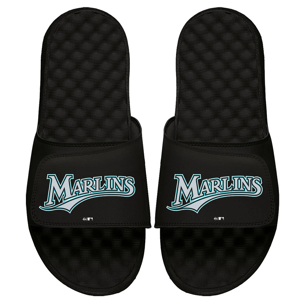Men's ISlide Black Florida Marlins Cooperstown Wordmark Logo Slide Sandals