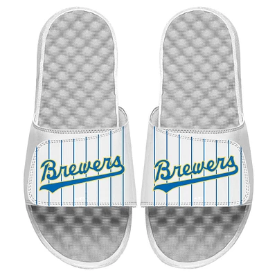Men's ISlide White Milwaukee Brewers Cooperstown Pinstripe Logo Slide Sandals