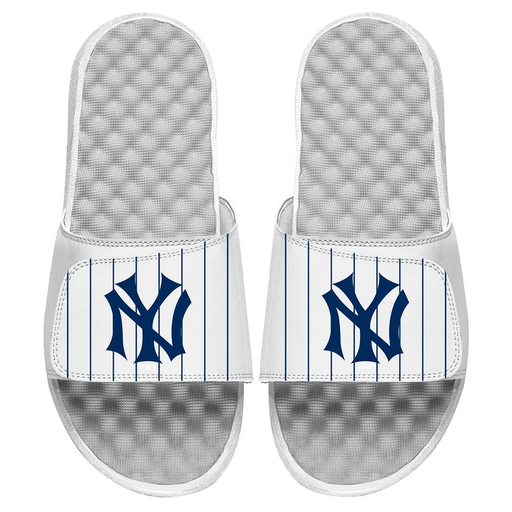 Men's ISlide White New York Yankees Cooperstown Pinstripe Logo Slide Sandals