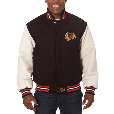 Men's JH Design Black/White Chicago Blackhawks Big & Tall All-Wool Leather Full-Snap Jacket