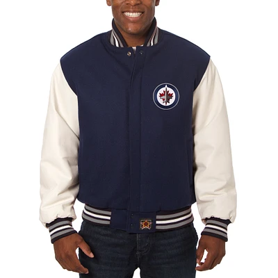 Men's JH Design Navy/White Winnipeg Jets Big & Tall All-Wool Leather Full-Snap Jacket