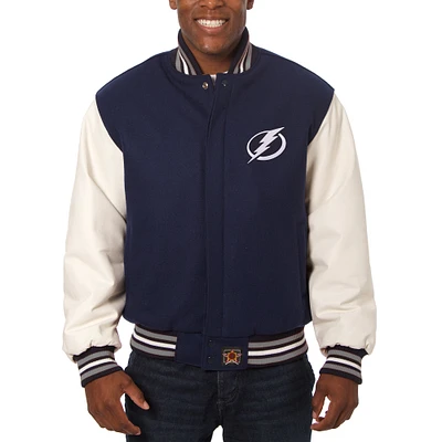 Men's JH Design Navy/White Tampa Bay Lightning Big & Tall All-Wool Leather Full-Snap Jacket