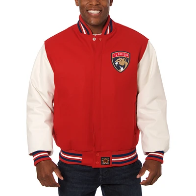 Men's JH Design Red/White Florida Panthers Big & Tall All-Wool Leather Full-Snap Jacket
