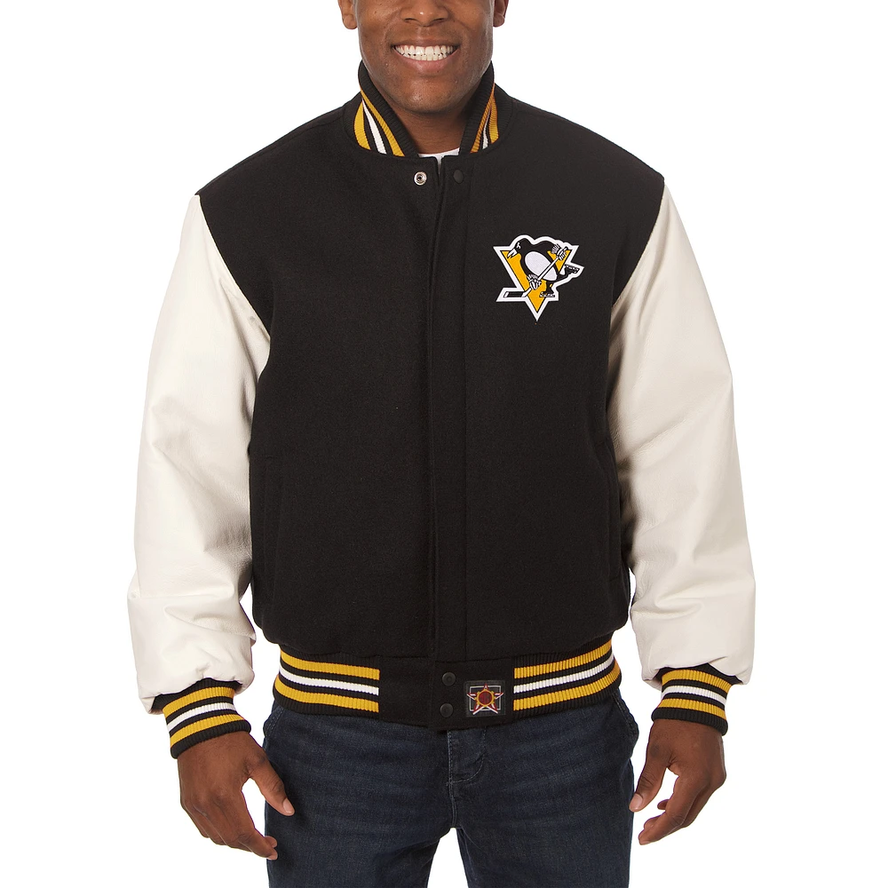 Men's JH Design Black/White Pittsburgh Penguins Big & Tall All-Wool Leather Full-Snap Jacket