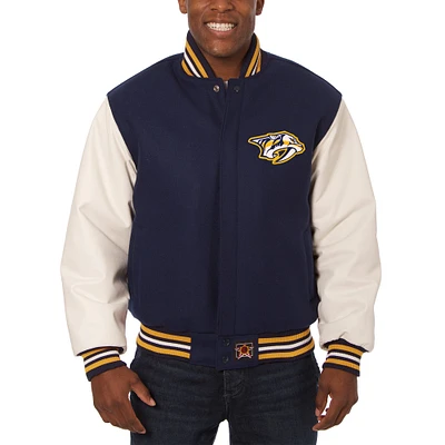 Men's JH Design Navy/White Nashville Predators Big & Tall All-Wool Leather Full-Snap Jacket