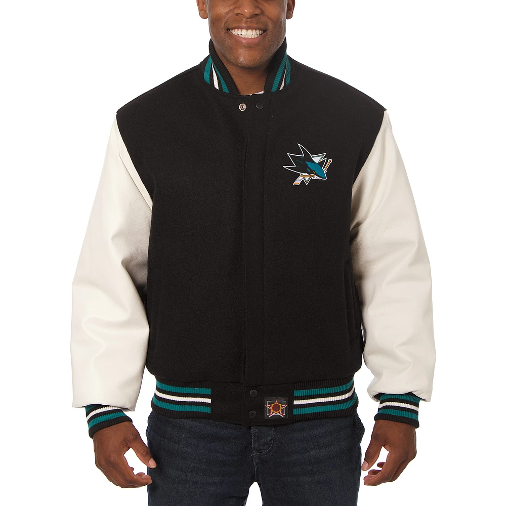 Men's JH Design Black/White San Jose Sharks Big & Tall All-Wool Leather Full-Snap Jacket