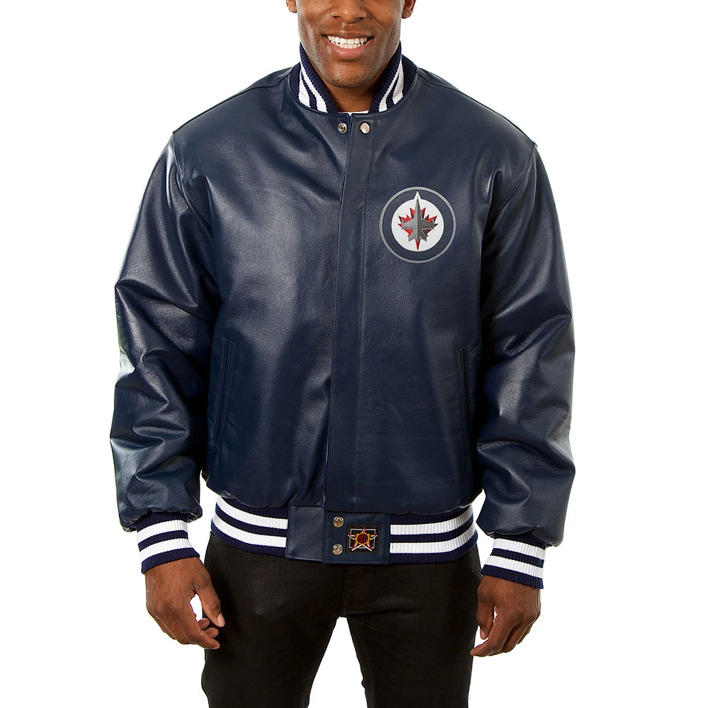 Men's JH Design Navy Winnipeg Jets Big & Tall All-Leather Jacket with Front Leather Logo