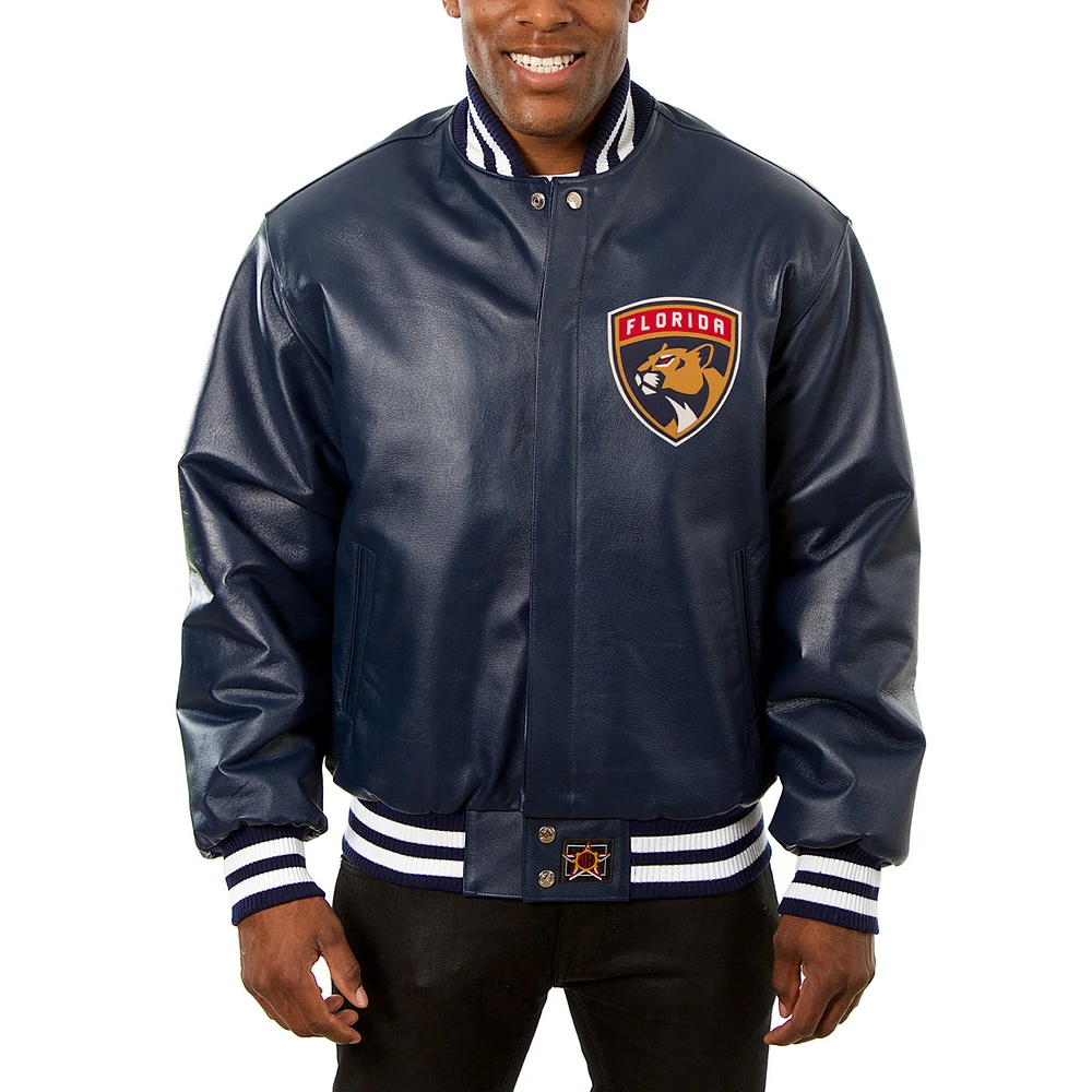 Men's JH Design Navy Florida Panthers Big & Tall All-Leather Jacket with Front Leather Logo