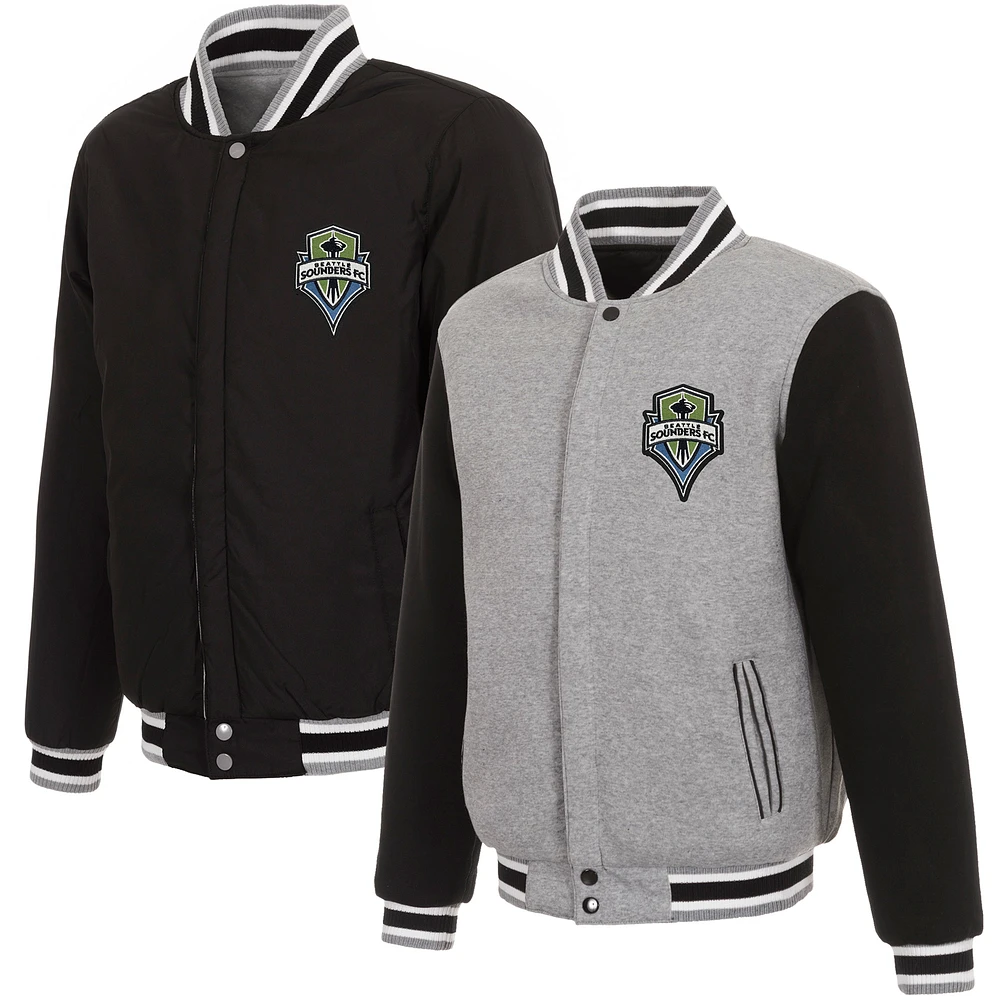 Men's JH Design Gray/Black Seattle Sounders FC Fleece Full-Snap Reversible Jacket