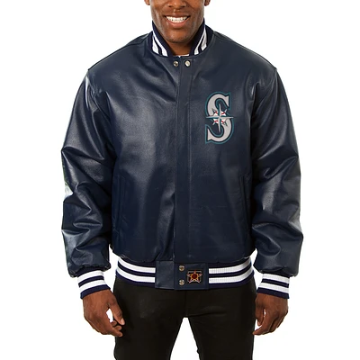 Men's JH Design Navy Seattle Mariners Big & Tall Full-Snap All-Leather Jacket