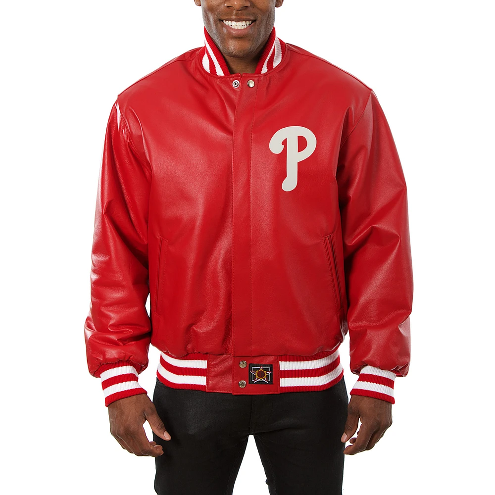 Men's JH Design Red Philadelphia Phillies Big & Tall Full-Snap All-Leather Jacket