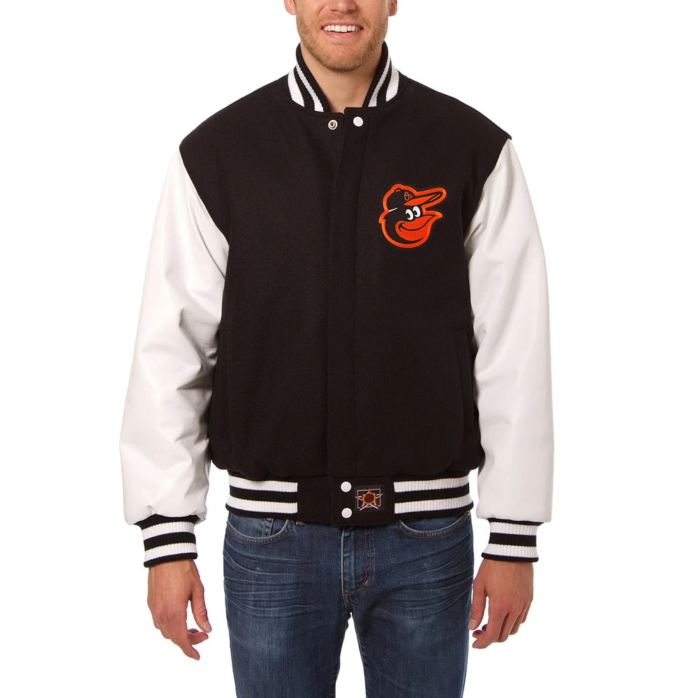 Men's JH Design Black/White Baltimore Orioles Big & Tall Embroidered Wool Leather Jacket