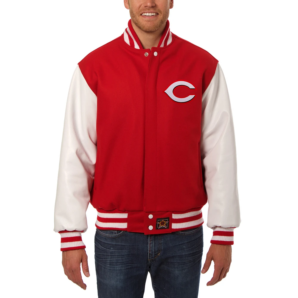 Men's JH Design Red/White Cincinnati Reds Big & Tall Embroidered Wool Leather Jacket