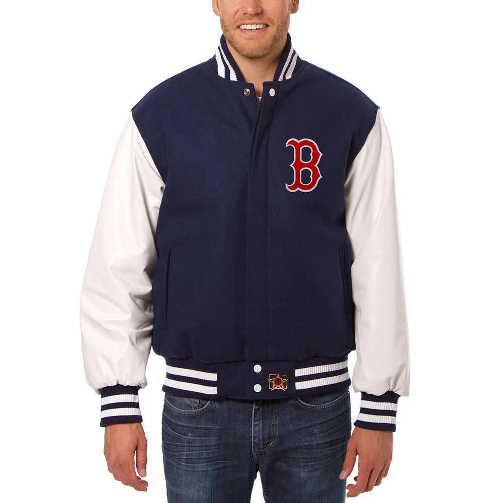 Men's JH Design Navy/White Boston Red Sox Big & Tall Embroidered Wool Leather Jacket