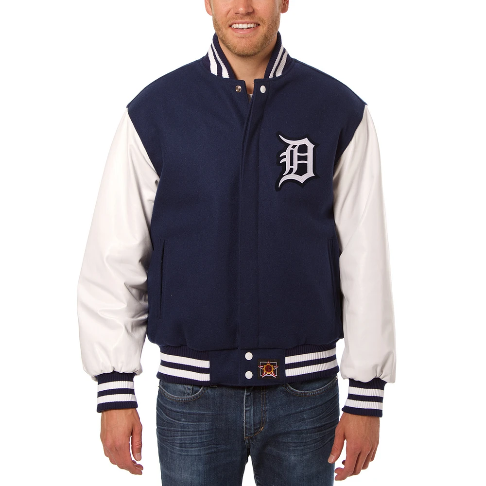 Men's JH Design Navy/White Detroit Tigers Big & Tall Embroidered Wool Leather Jacket