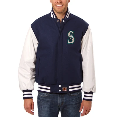 Men's JH Design Navy/White Seattle Mariners Big & Tall Wool Leather Jacket