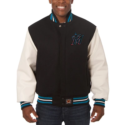 Men's JH Design Black/White Miami Marlins Big & Tall Wool Leather Jacket