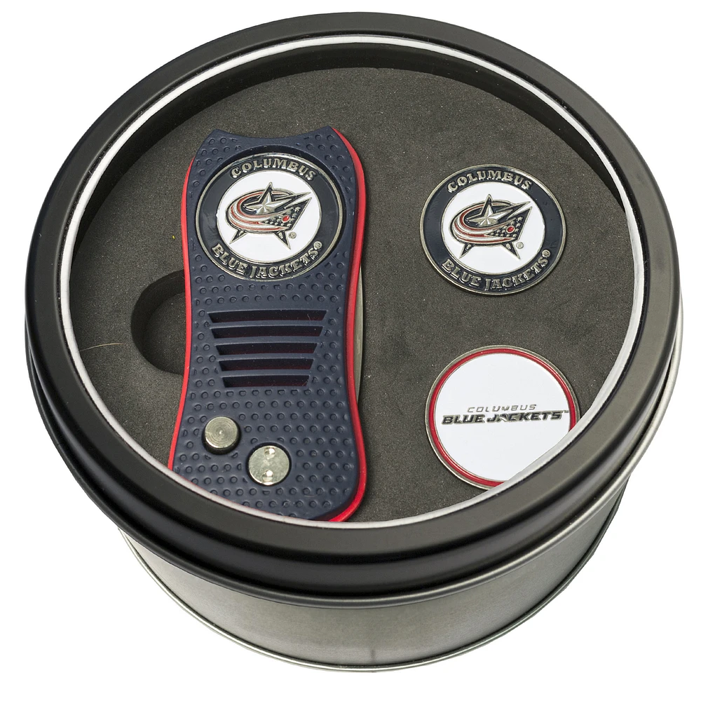 Columbus Blue Jackets Divot Tool & Ball Markers Personalized Tin Gift Set