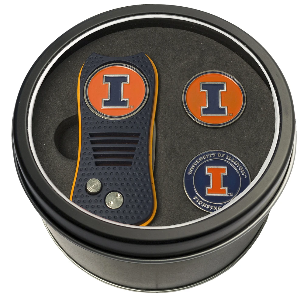 Illinois Fighting Illini Divot Tool & Ball Markers Personalized Tin Gift Set