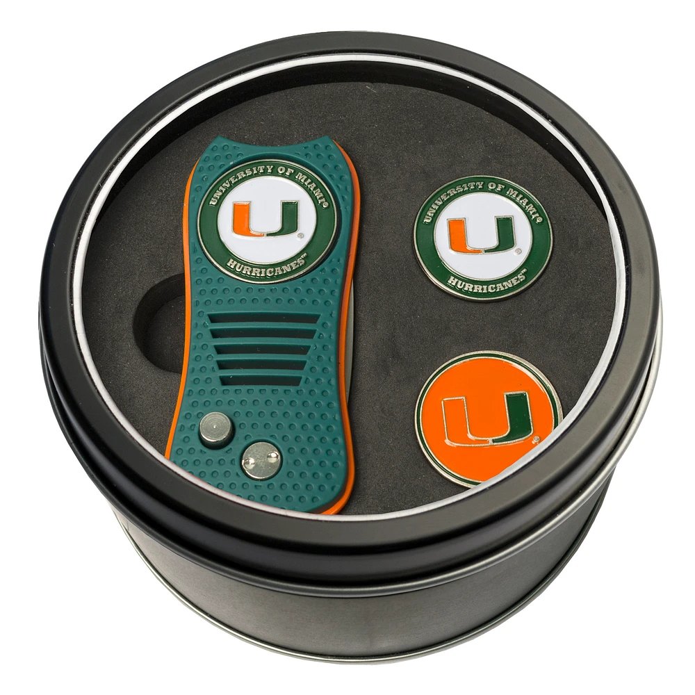 Miami Hurricanes Divot Tool & Ball Markers Personalized Tin Gift Set