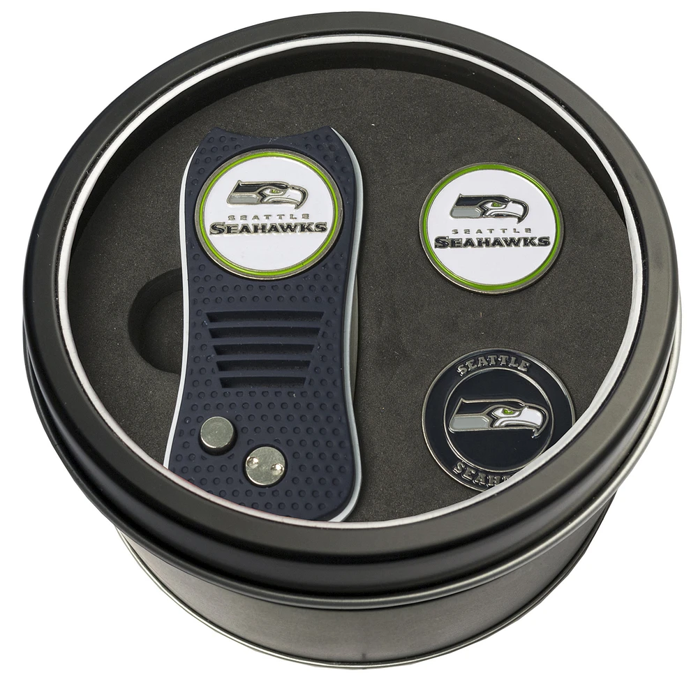 Seattle Seahawks Divot Tool & Ball Markers Personalized Tin Gift Set