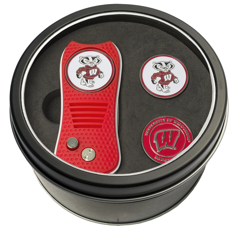 Wisconsin Badgers Divot Tool & Ball Markers Personalized Tin Gift Set
