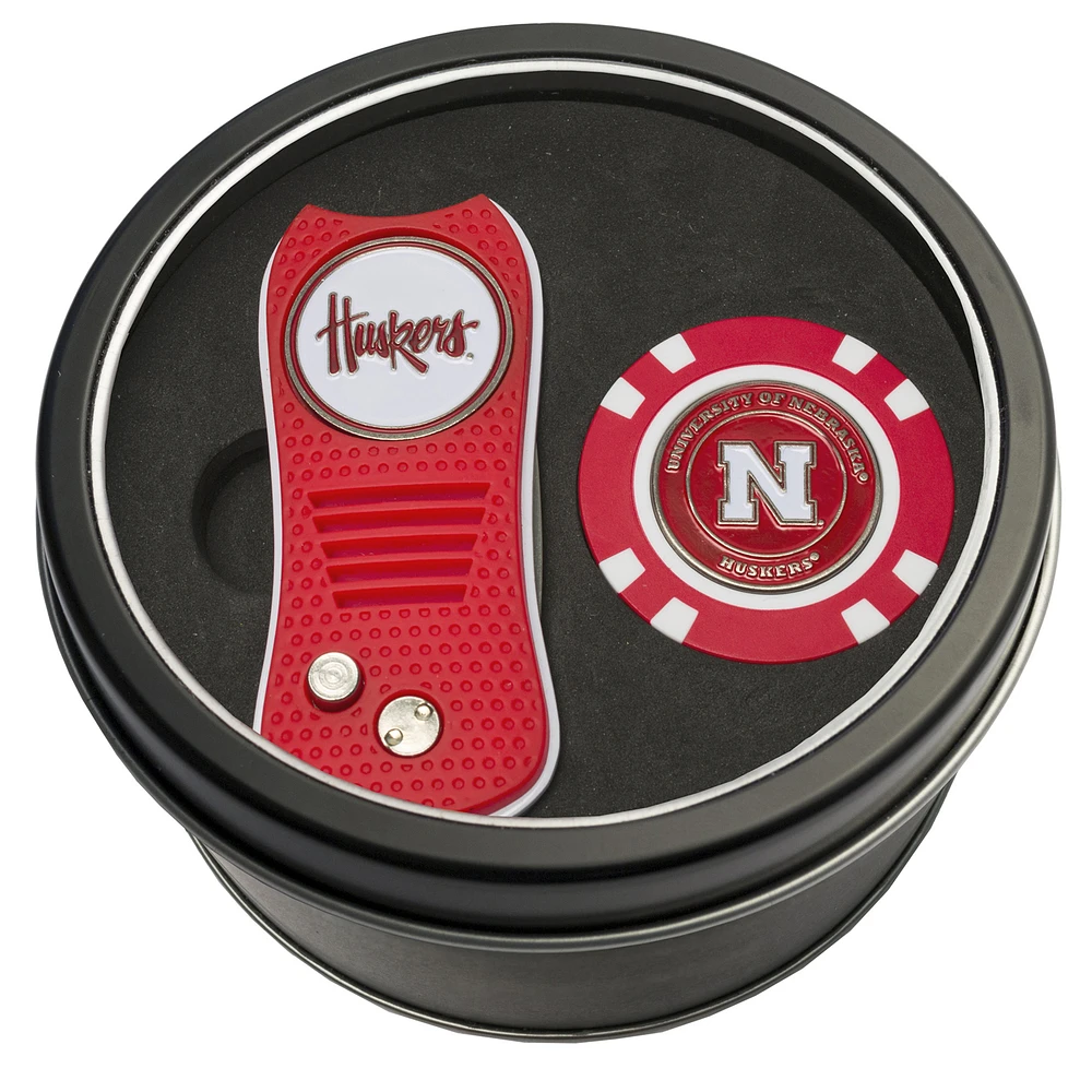 Nebraska Huskers Divot Tool & Golf Chip Personalized Tin Gift Set