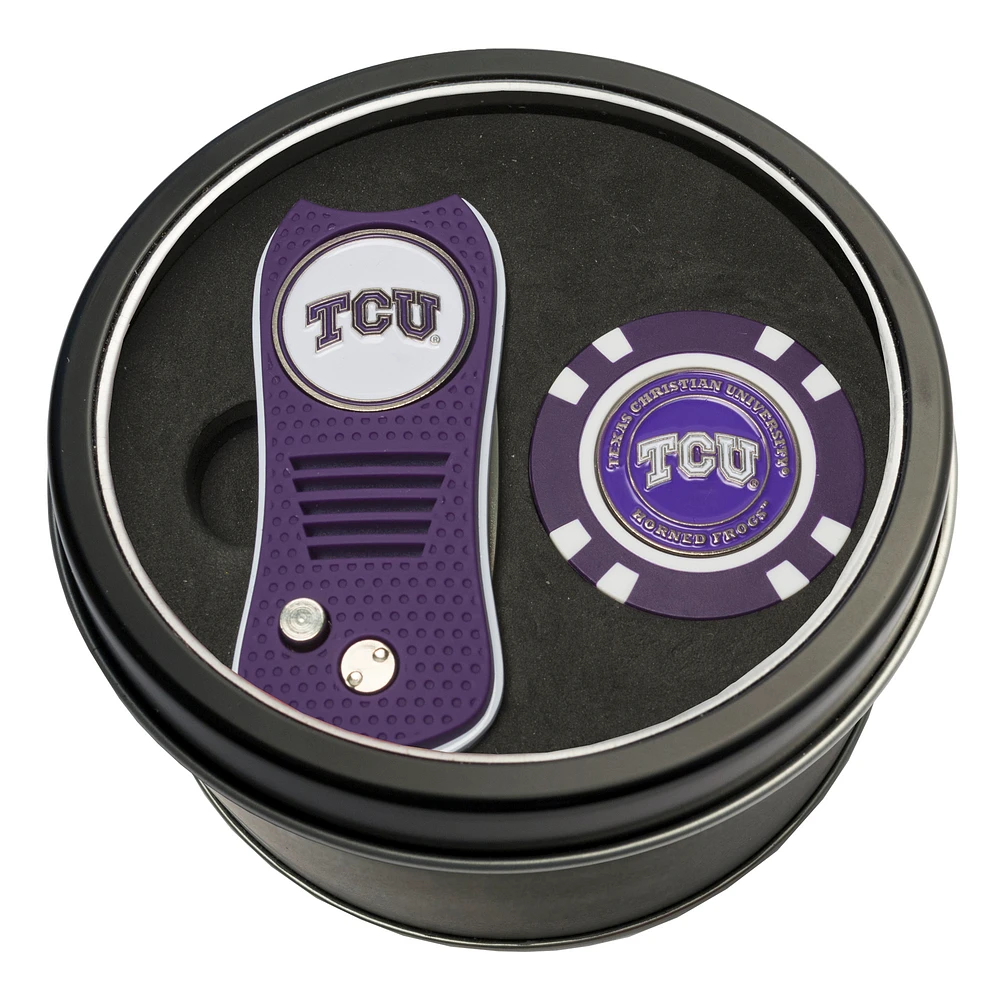 TCU Horned Frogs Divot Tool & Golf Chip Personalized Tin Gift Set