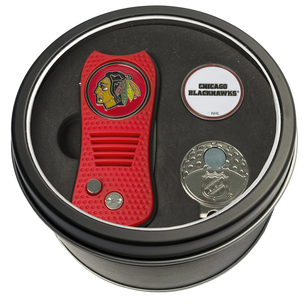 Chicago Blackhawks Divot Tool Ball Marker & Cap Clip Personalized Tin Gift Set
