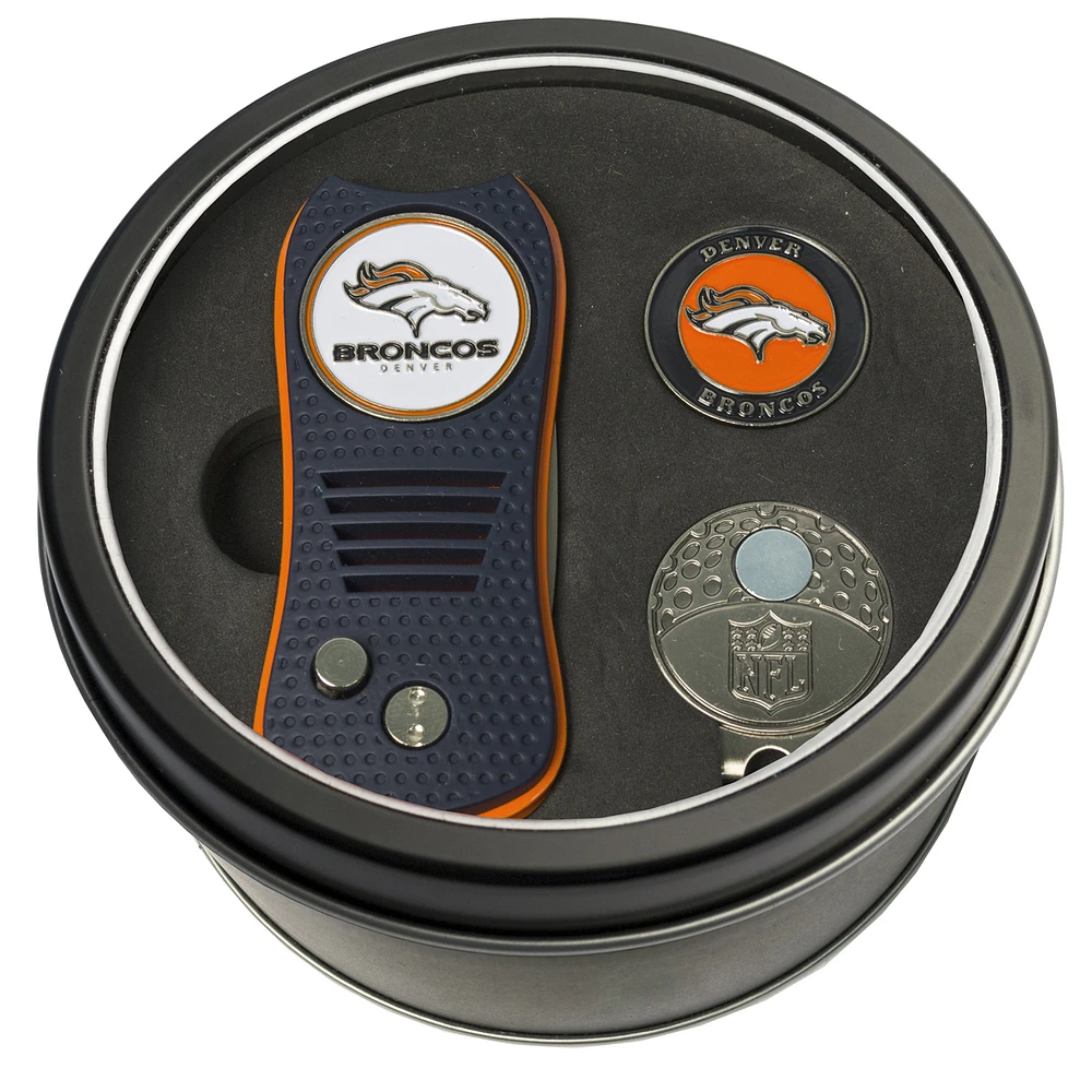 Denver Broncos Divot Tool Ball Marker & Cap Clip Personalized Tin Gift Set