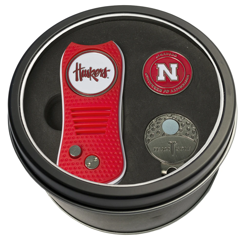 Nebraska Huskers Divot Tool Ball Marker & Cap Clip Personalized Tin Gift Set