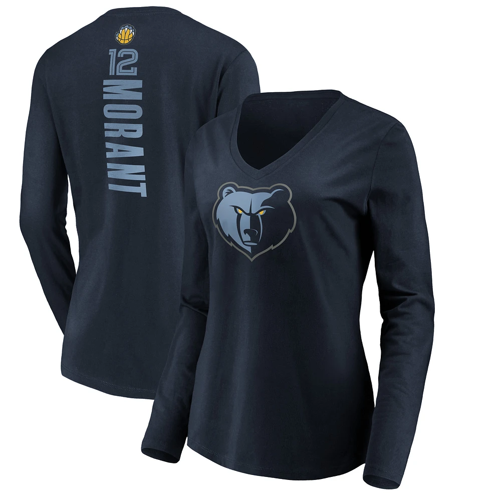 Women's Ja Morant Navy Memphis Grizzlies Playmaker Name & Number Long Sleeve V-Neck T-Shirt